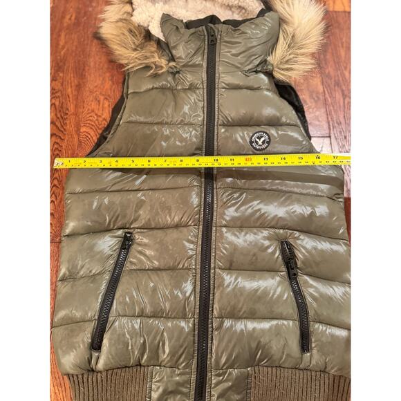 American Eagle Down Puffer Vest Faux Fur Hat Women's Small Teen Olive Green - Picture 10 of 12